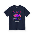 Front view of a youth Gildan 5000B heavy cotton t-shirt in navy with a Dance Vibes All Day text and graphic