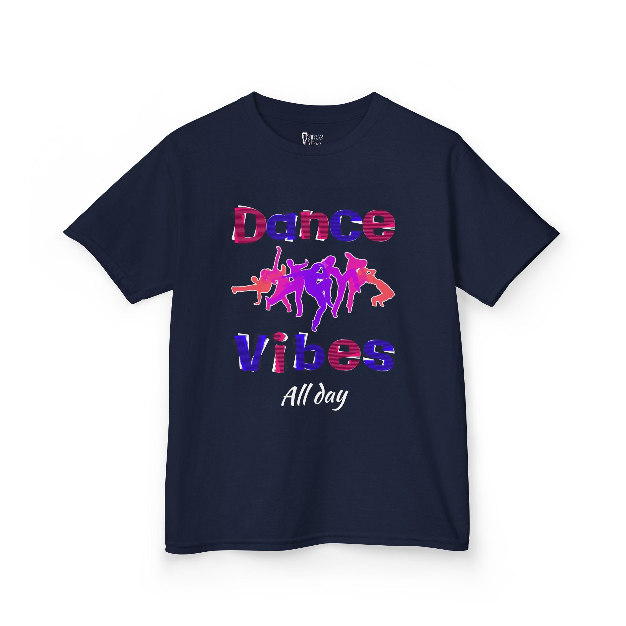 Front view of a youth Gildan 5000B heavy cotton t-shirt in navy with a Dance Vibes All Day text and graphic