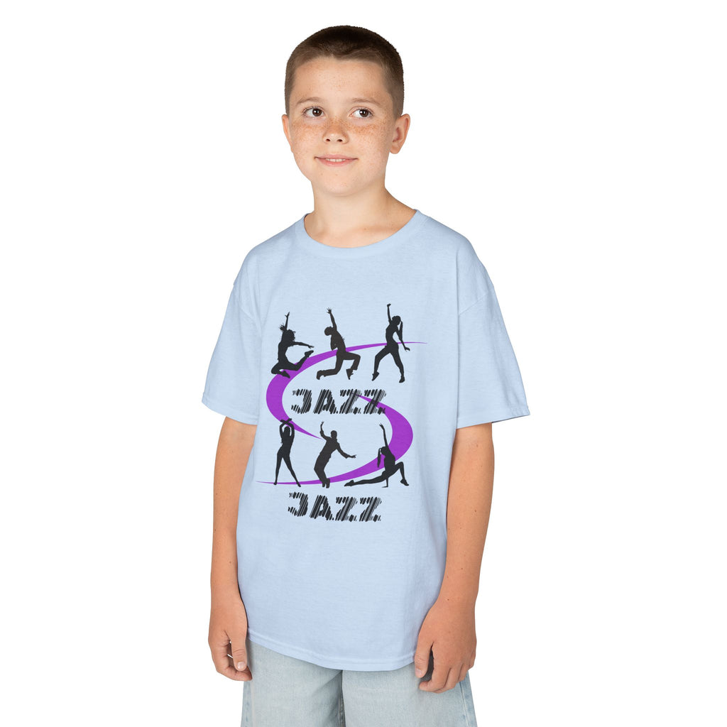 Young boy wearing a youth Gildan 5000B heavy cotton t-shirt in light blue with a Jazz Dance text and graphic