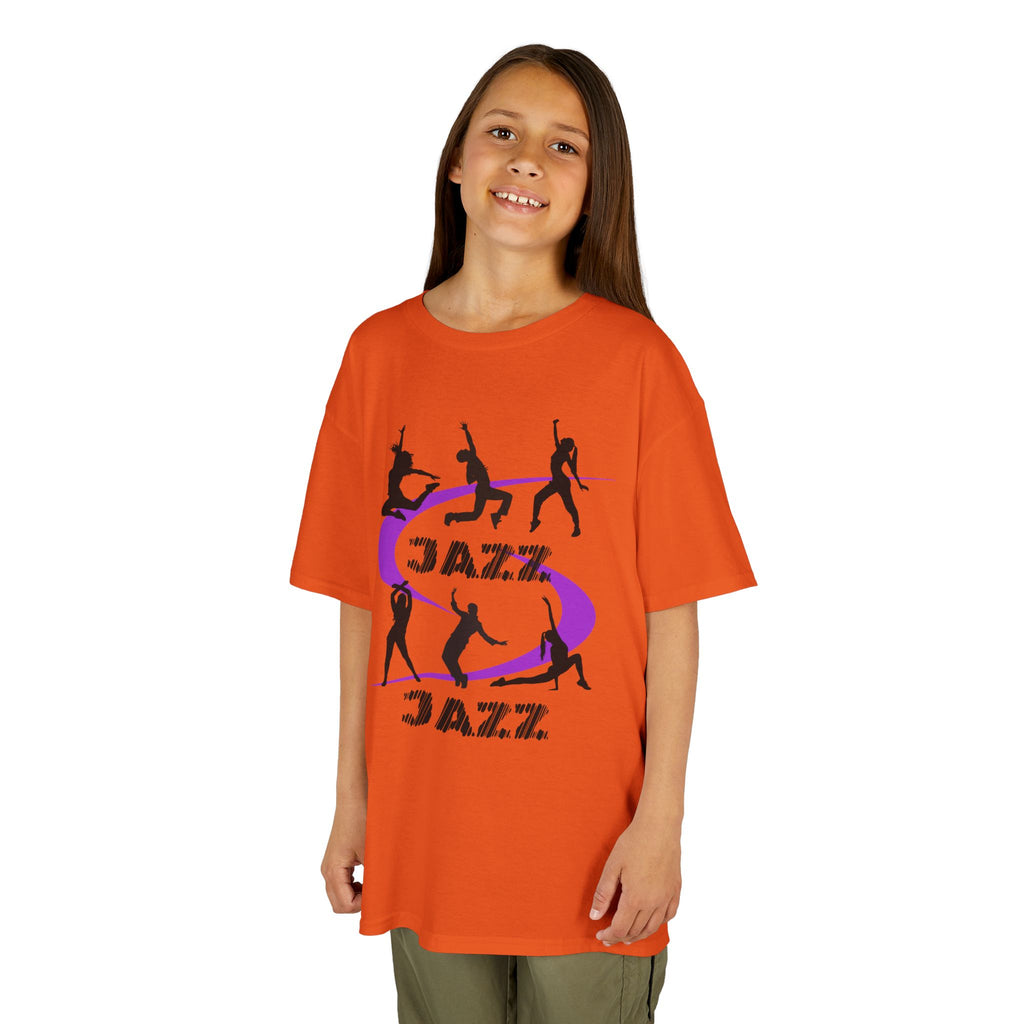 Young girl wearing a youth Gildan 5000B heavy cotton t-shirt in orange with a Jazz Dance text and graphic