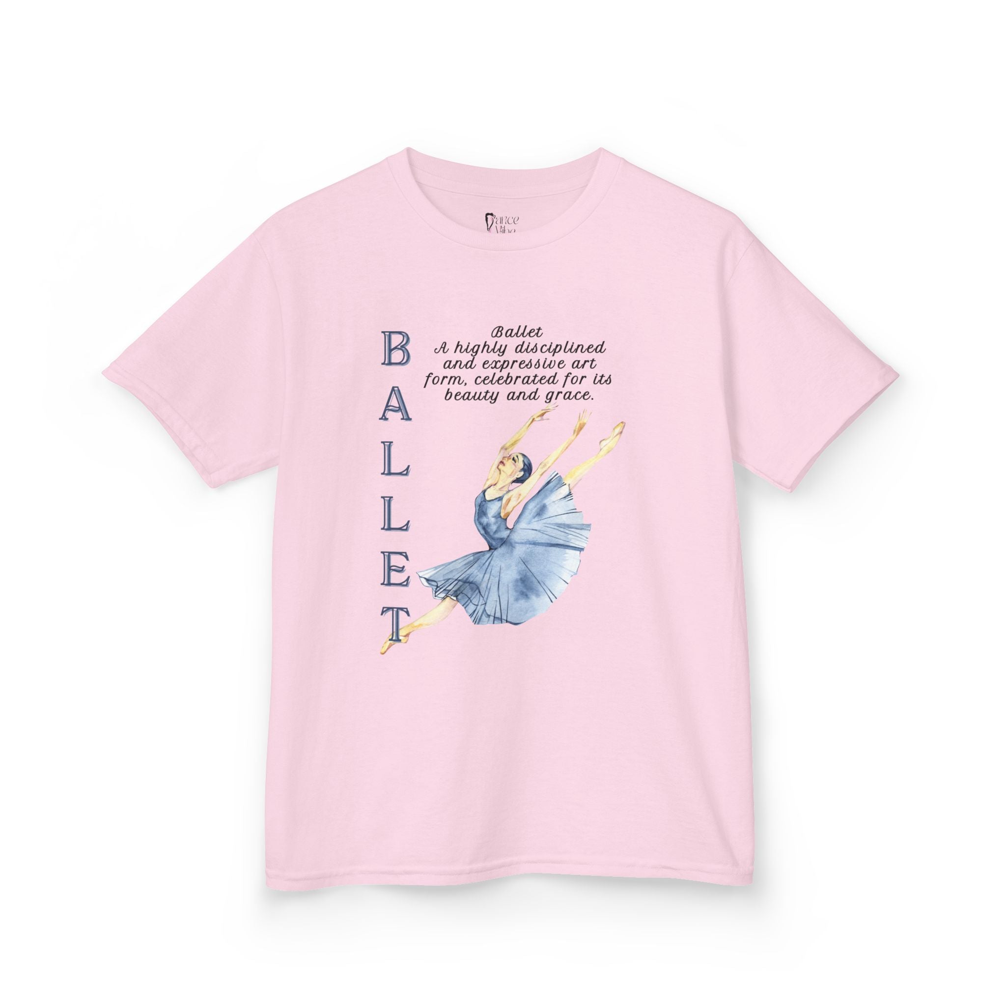 Front view of a youth Gildan 5000B heavy cotton t-shirt in light pink with a Ballet text and graphic