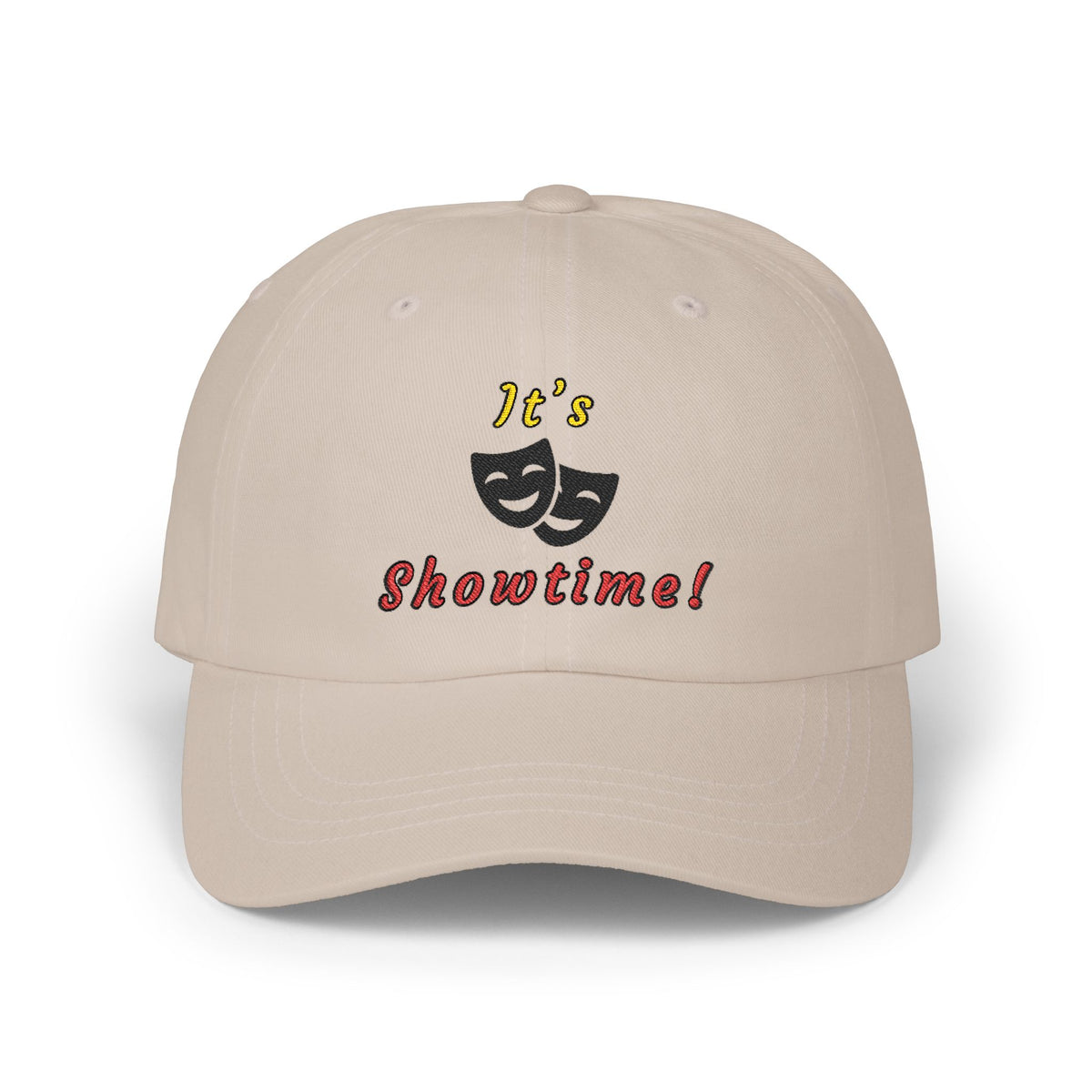 Stone embroidered classic dad cap hat with an It's Showtime text and graphic Front view