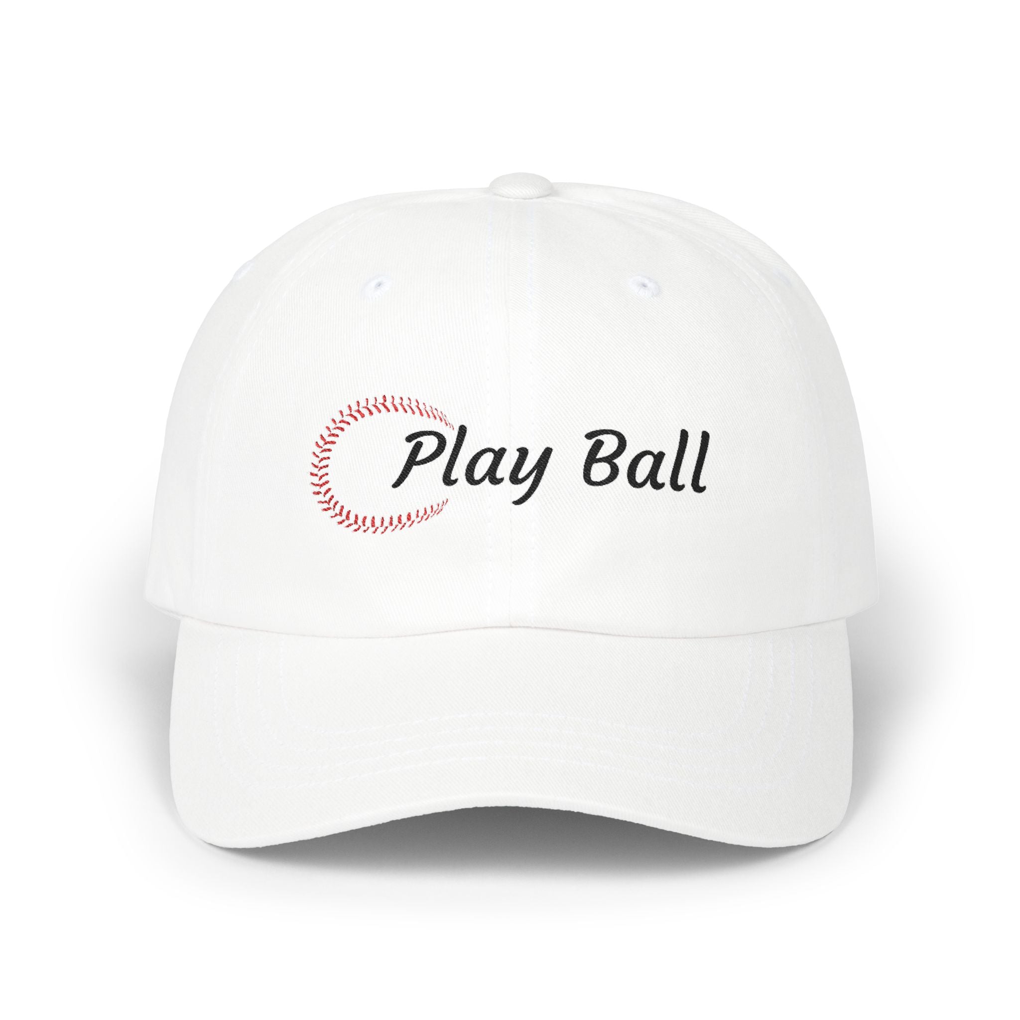 White embroidered classic dad cap hat with Play Ball text and baseball graphic Front view