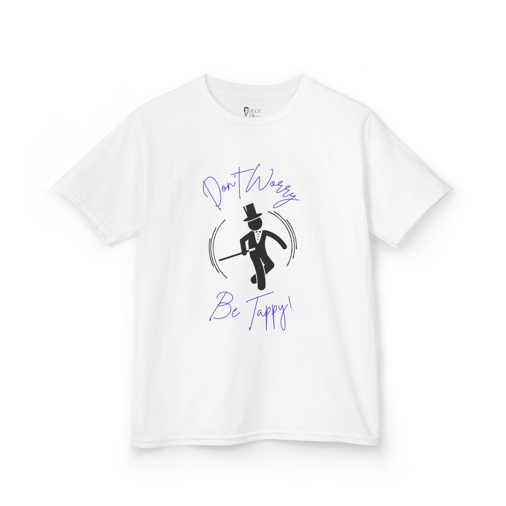 Front view of a youth Gildan 5000B heavy cotton t-shirt in white with a Don't Worry Be Tappy Tap theme