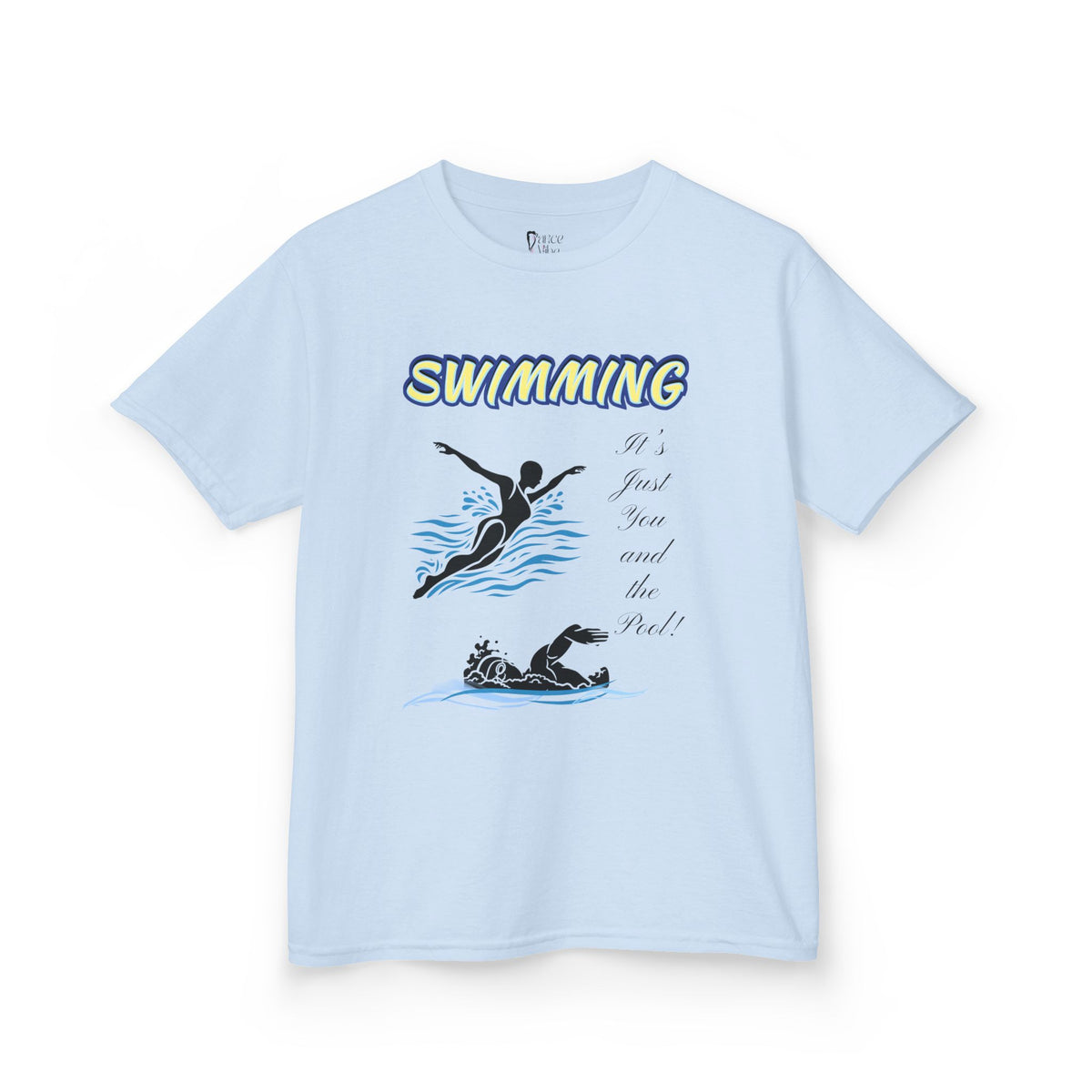 Front view of a youth Gildan 5000B heavy cotton t-shirt in light blue with a Swimming text and graphic