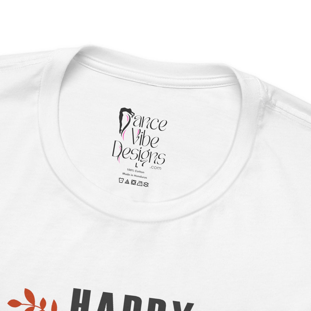 Close-up of a white crewneck t-shirt showing the inner neck label with Dance Vibe Designs LLC printed in black.