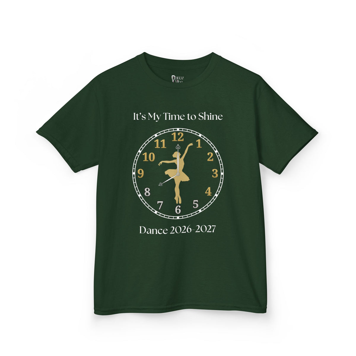 Front view of a youth Gildan 5000B heavy cotton t-shirt in forest green with a Ballet Dance 2026-2027 design