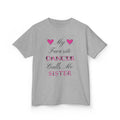 Front view sport grey short-sleeve t-shirt with a graphic text print on the front that reads My Favorite Dancer Calls Me Sister.