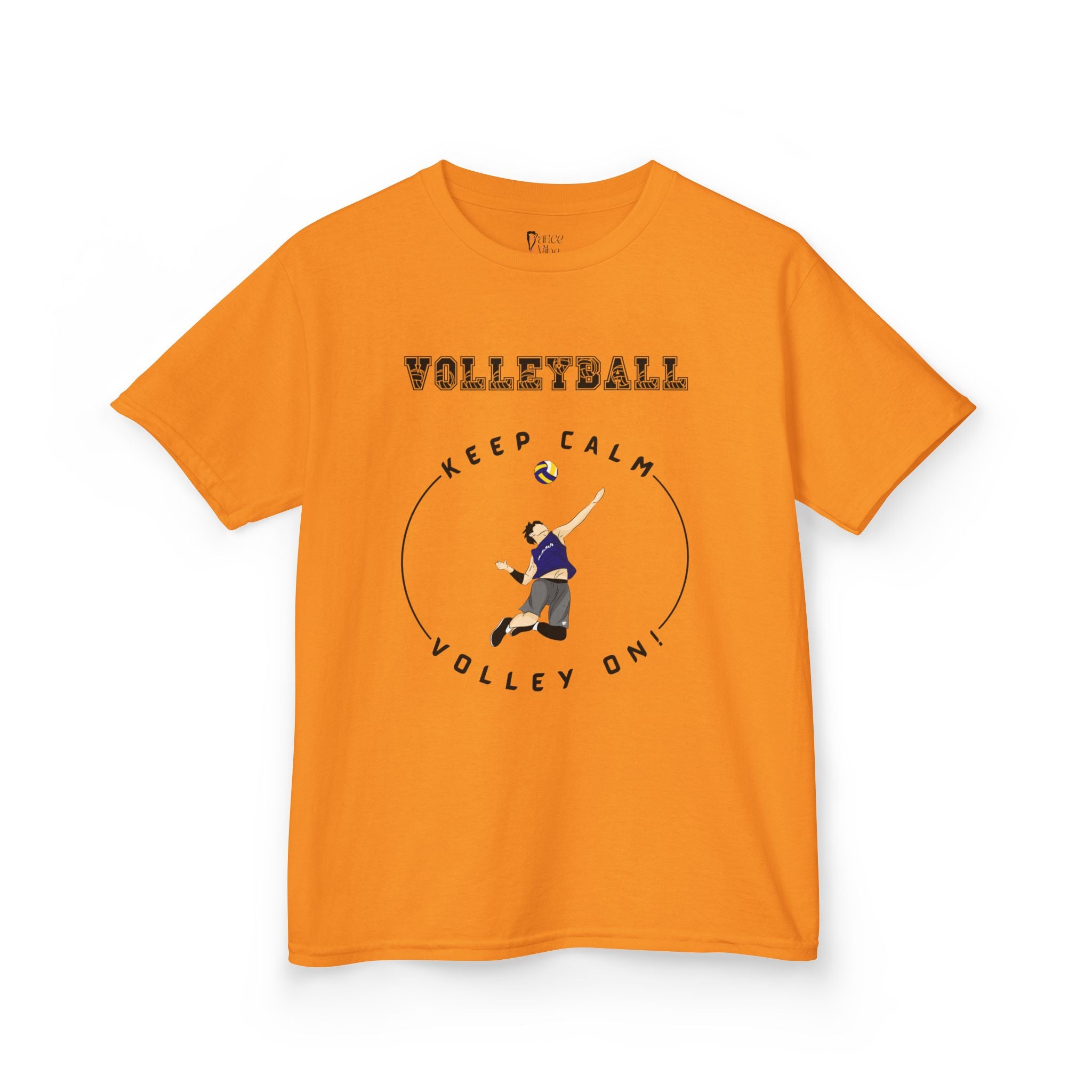 Front view of a youth Gildan 5000B heavy cotton t-shirt in tennessee orange with a boy playing Volleyball