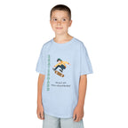 Young boy wearing a youth Gildan 5000B heavy cotton t-shirt in light blue featuring a boy Skateboarding