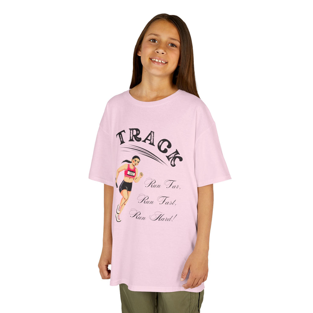 Young girl wearing a youth Gildan 5000B heavy cotton t-shirt in light pink showing a girl running Track