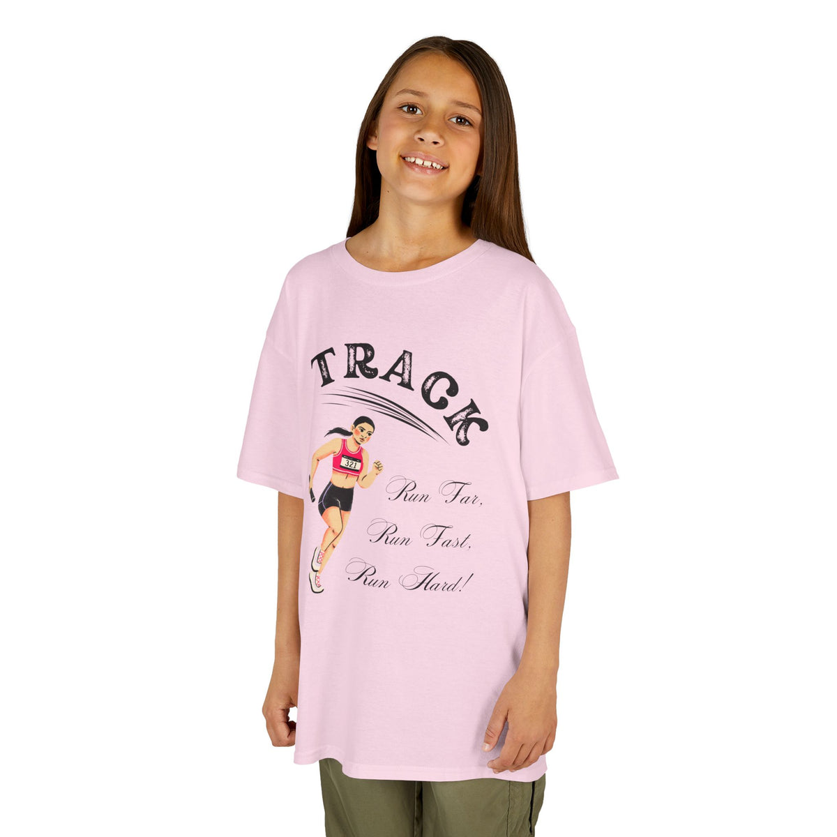 Young girl wearing a youth Gildan 5000B heavy cotton t-shirt in light pink showing a girl running Track