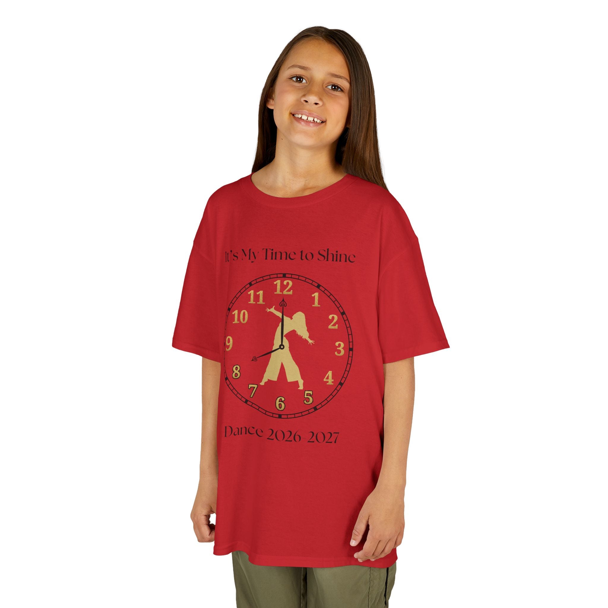 Young girl wearing a youth Gildan 5000B heavy cotton t-shirt in red with an It's My Time to Shine Contemporary Dance 2026-2027 theme