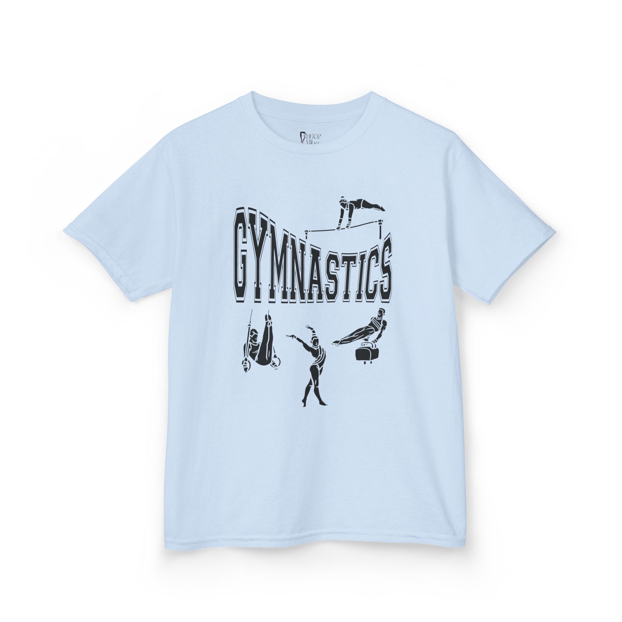 Front view of a youth Gildan 5000B heavy cotton t-shirt in light blue with a gymnastics text and graphic