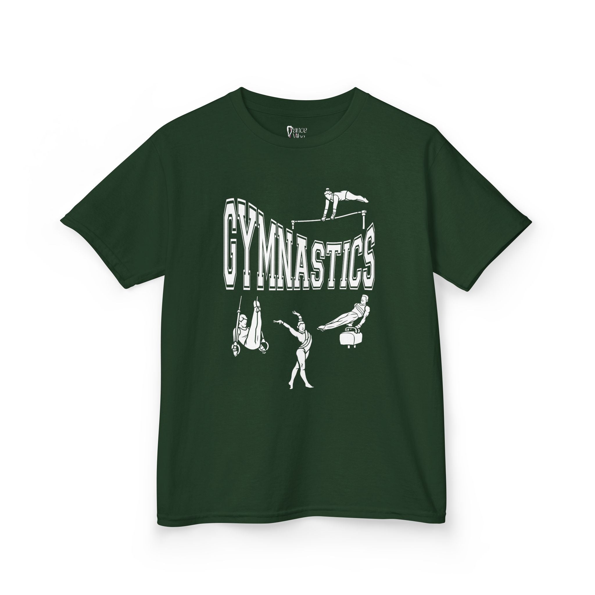 Front view of a youth Gildan 5000B heavy cotton t-shirt in forest green with a gymnastics text and graphic