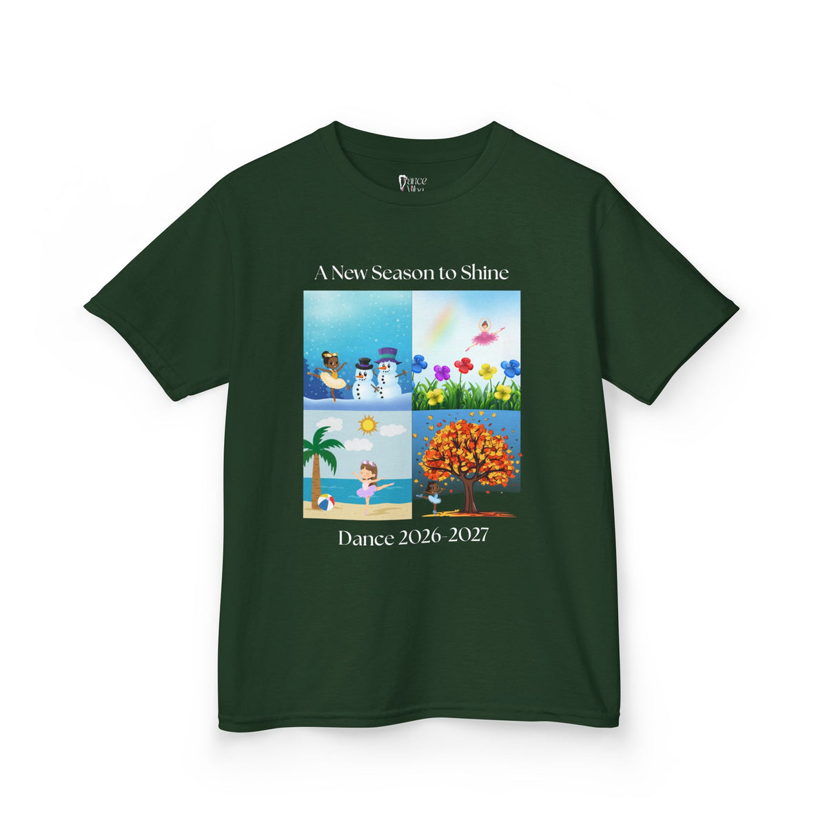 Front view of a youth Gildan 5000B heavy cotton t-shirt in forest green with an A New Season to Shine Dance 2026-2027 theme