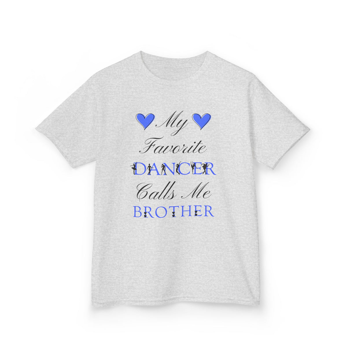 An ash short-sleeve t-shirt with a graphic text print reading My Favorite Dancer Calls Me Brother.