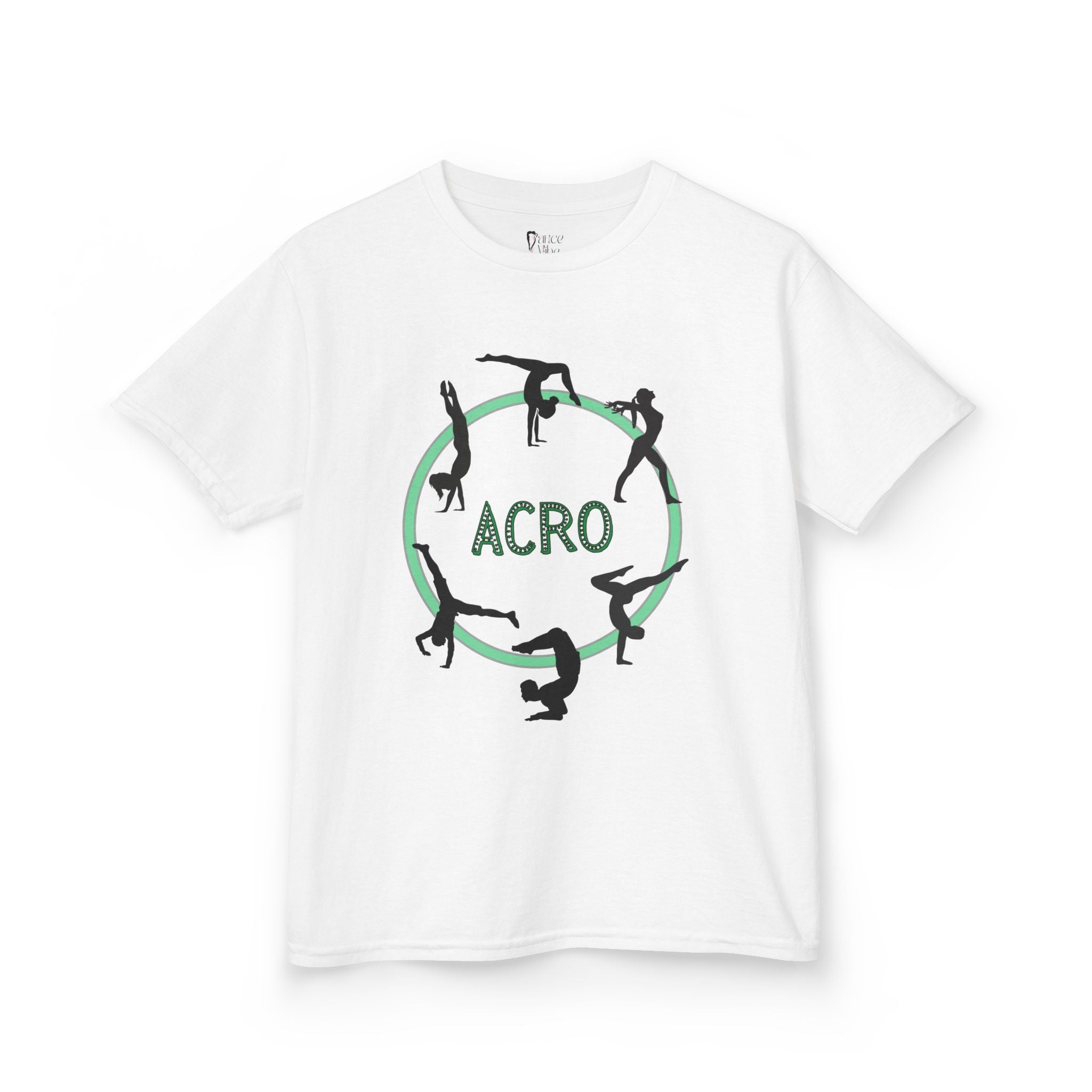 Front view of a youth Gildan 5000B heavy cotton t-shirt in white with an Acro Gymnastics theme