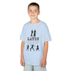 Young boy wearing a youth Gildan 5000B heavy cotton t-shirt in light blue with a Latin Dance Style theme