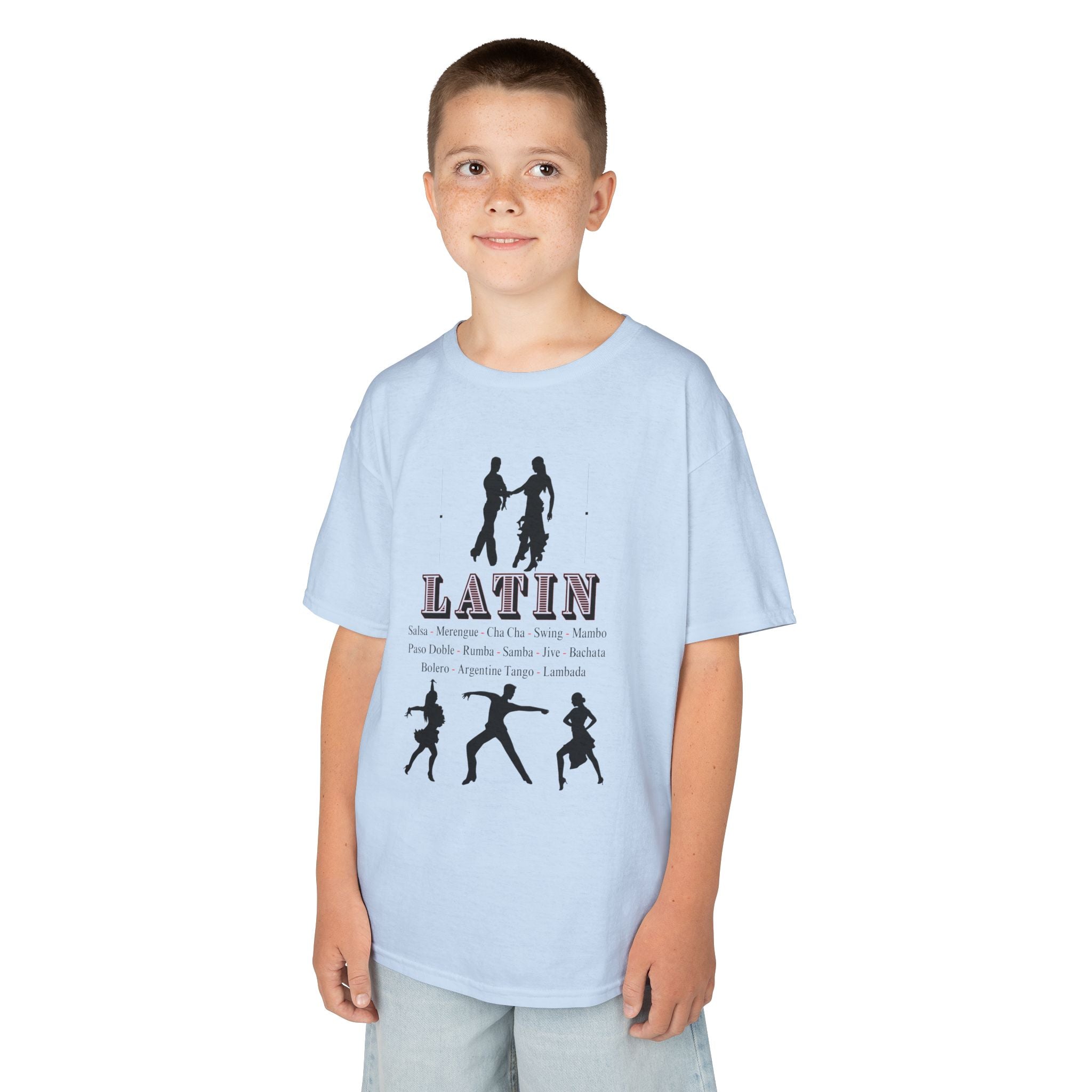 Young boy wearing a youth Gildan 5000B heavy cotton t-shirt in light blue with a Latin Dance Style theme