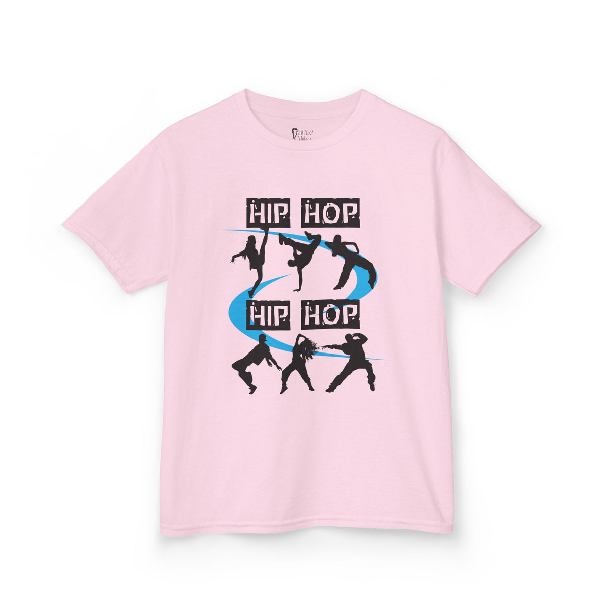 Front view of a youth Gildan 5000B heavy cotton t-shirt in light pink with a Hip Hop text and dancers