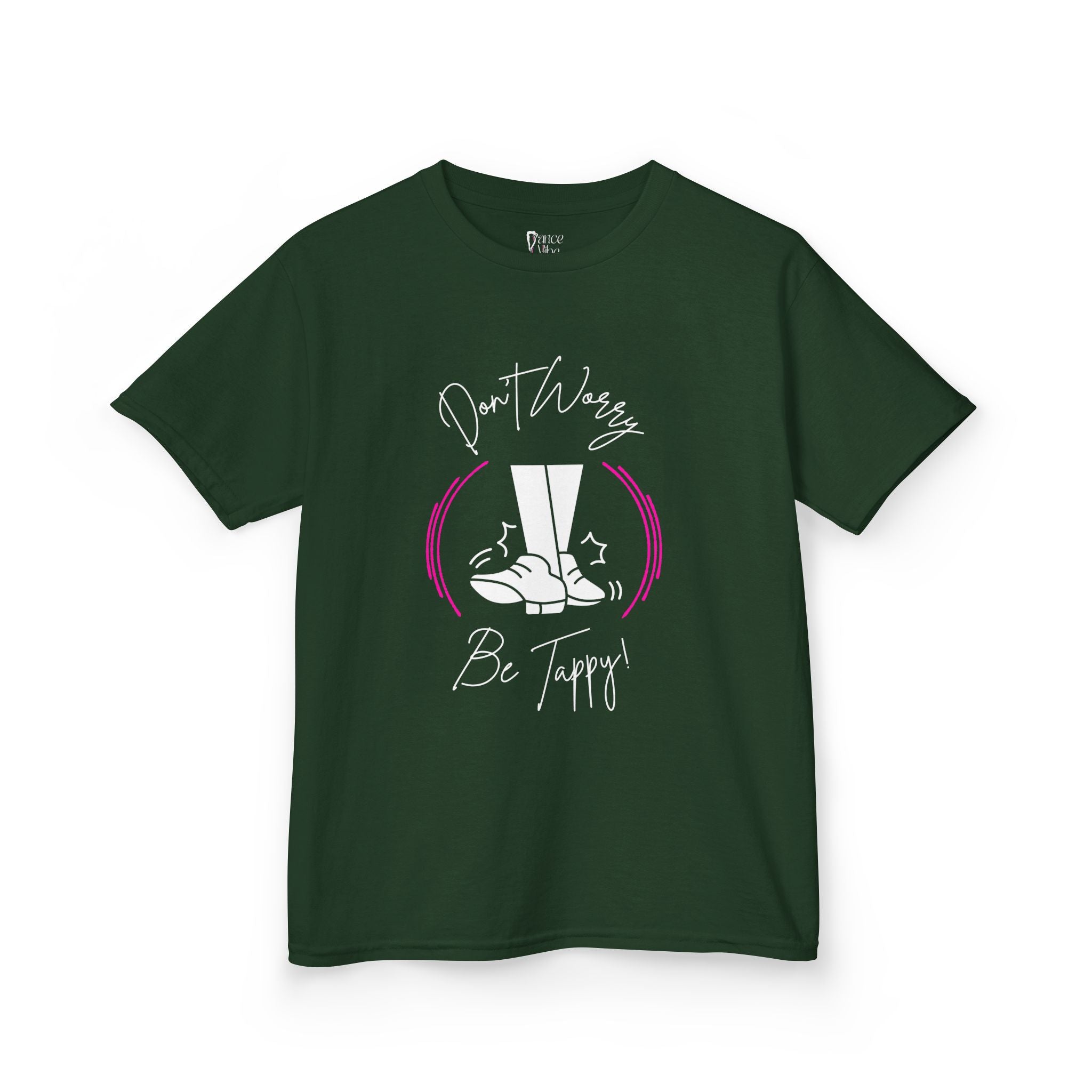 Front view of a youth Gildan 5000B heavy cotton t-shirt in forest green with a Don't Worry Be Tappy Tap Shoe design