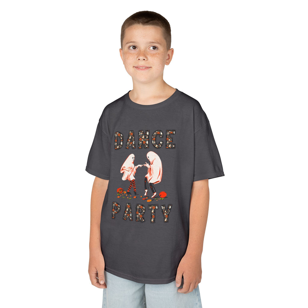 Young boy wearing a youth Gildan 5000B heavy cotton t-shirt in charcoal with a Halloween Dance Party theme
