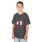 Young boy wearing a youth Gildan 5000B heavy cotton t-shirt in charcoal with a Halloween Dance Party theme
