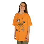 Young girl wearing a youth Gildan 5000B heavy cotton t-shirt in tennessee orange with a Music A Universal Language theme