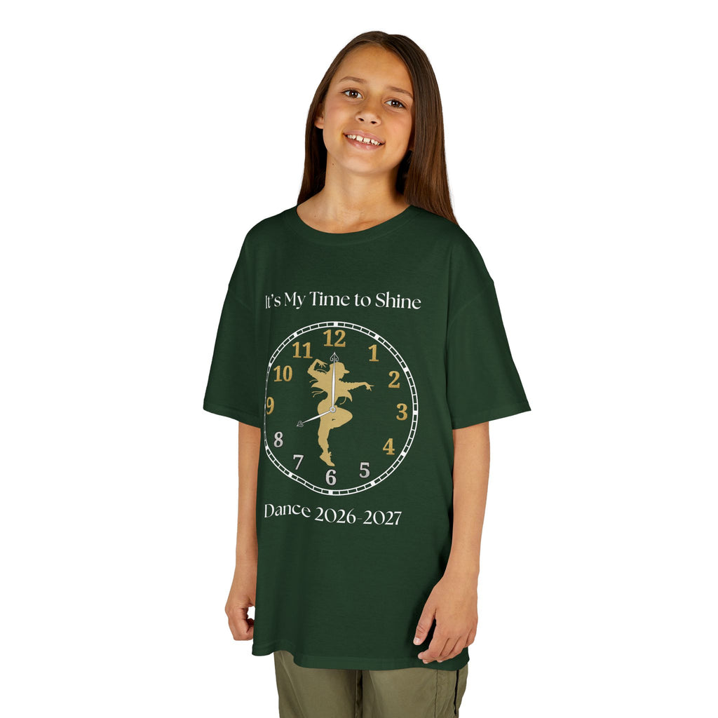 Young girl wearing a youth Gildan 5000B heavy cotton t-shirt in forest green with an It's My Time to Shine Jazz Dance 2026-2027 theme