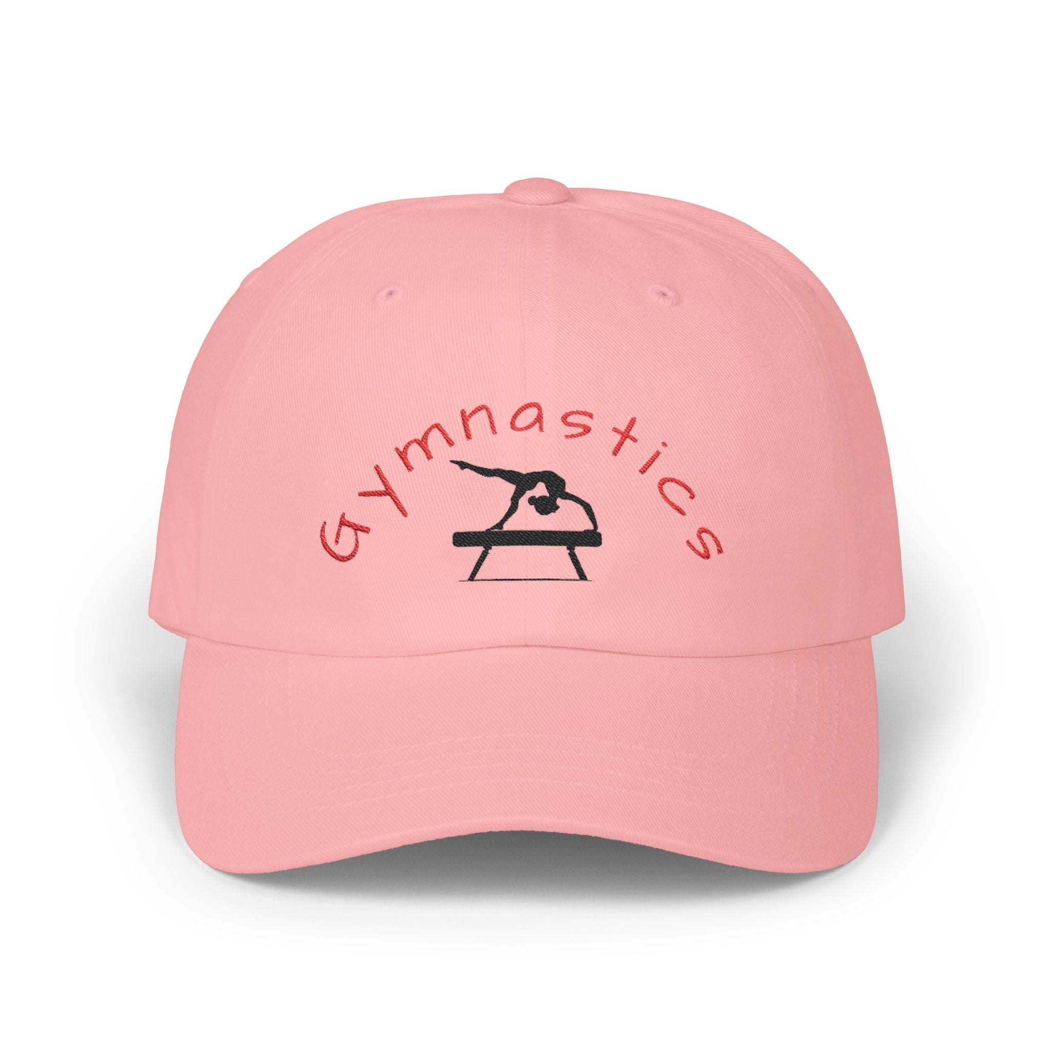Pink embroidered classic dad cap hat with a Gymnastics text and graphic Front view