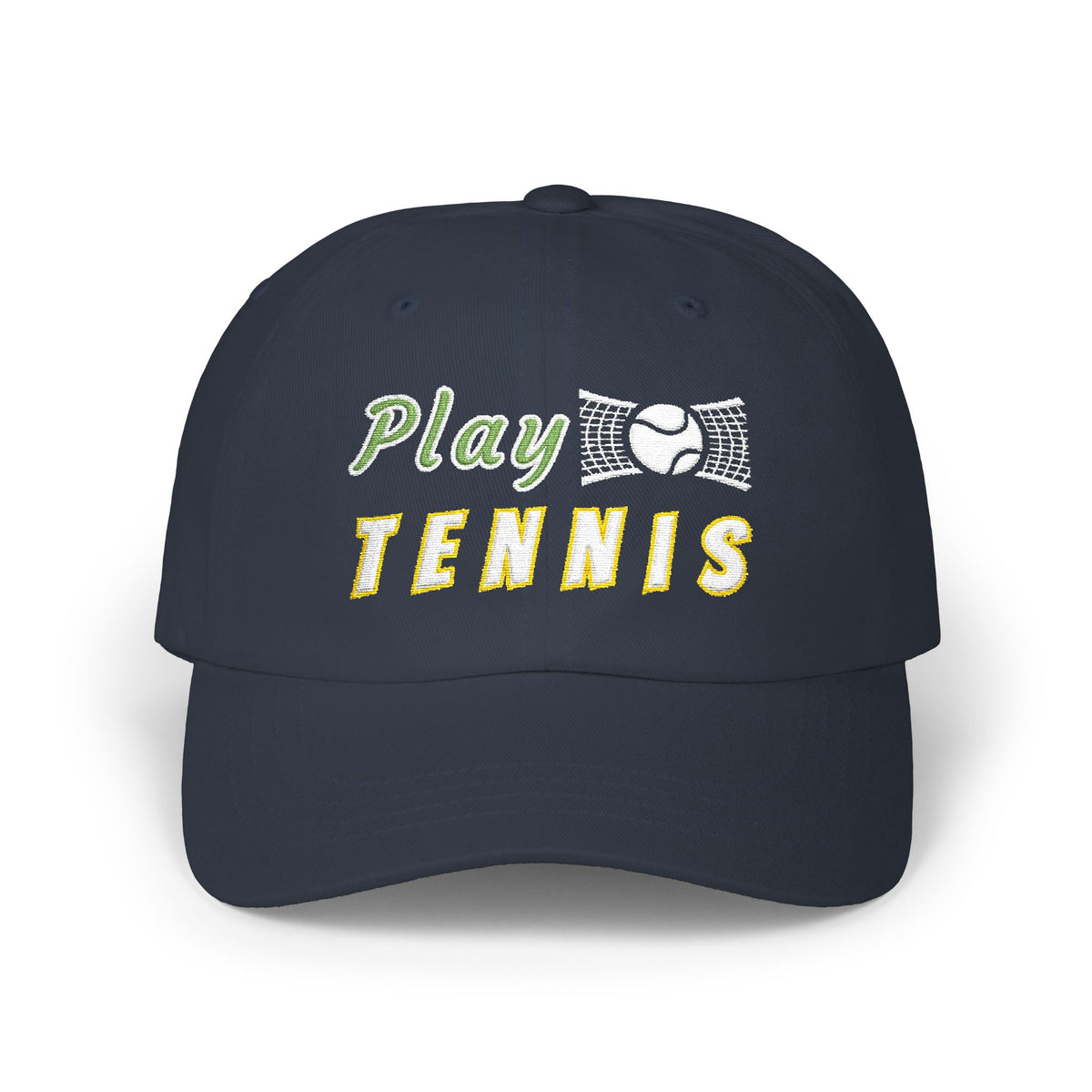 A navy baseball cap featuring the embroidered text Play TENNIS on the front. 