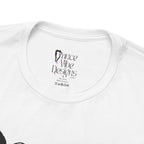 Close-up of a crewneck t-shirt showing the inner neck label with the Dance Vibe Designs logo above the care instructions.