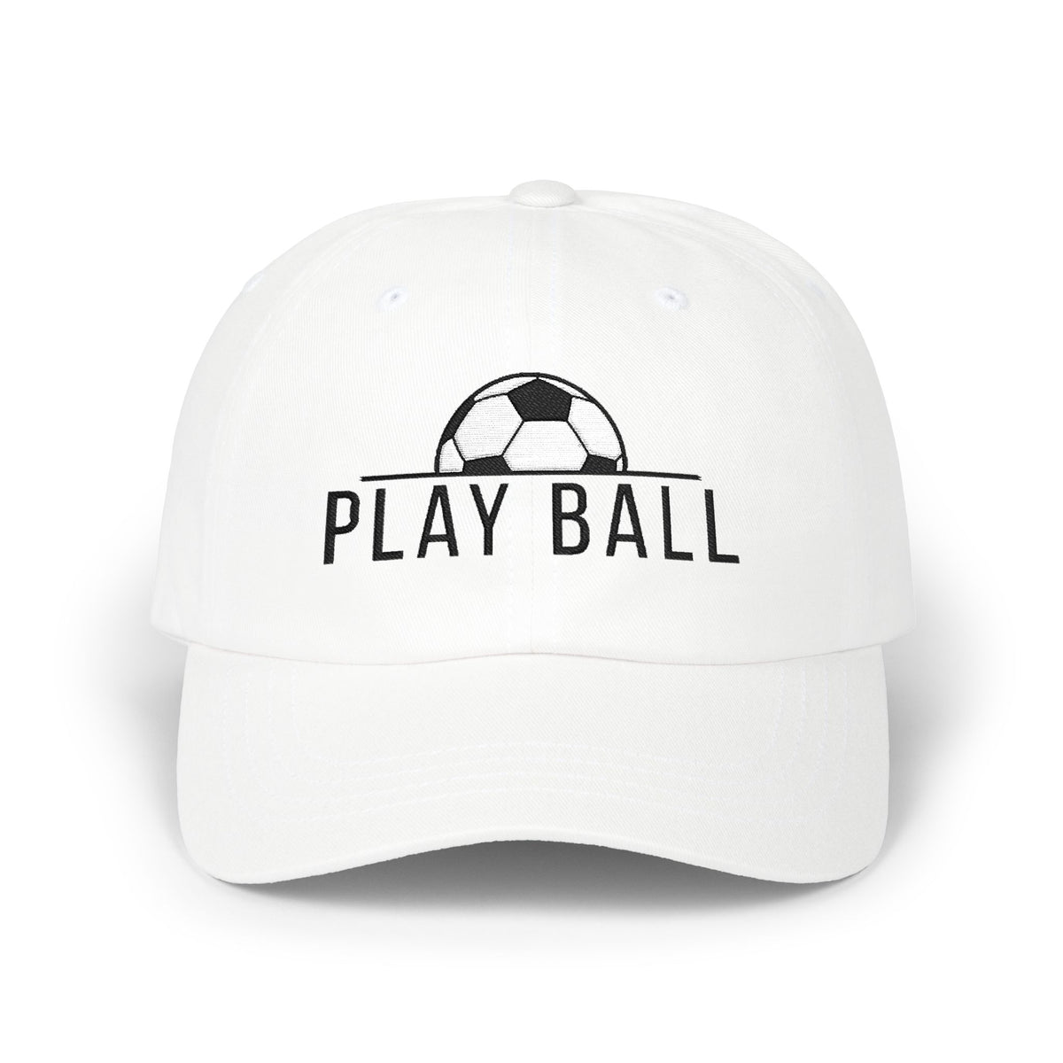 White cap with an embroidered soccer ball and Play Ball text on the front.