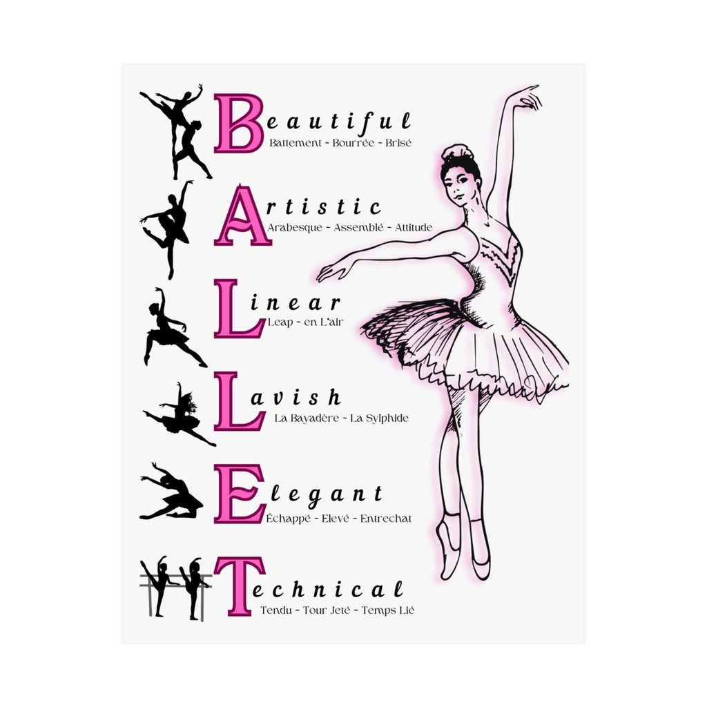 Ballet poster wall art with a ballerina Illustration and ballet-related words in pink and black on a white background Size 16x20