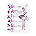 Ballet poster wall art with a ballerina Illustration and ballet-related words in pink and black on a white background Size 16x20