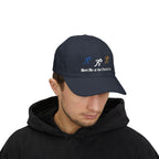 Man wearing a navy embroidered classic dad cap hat with a Meet Me at the Finish Line text and graphic 