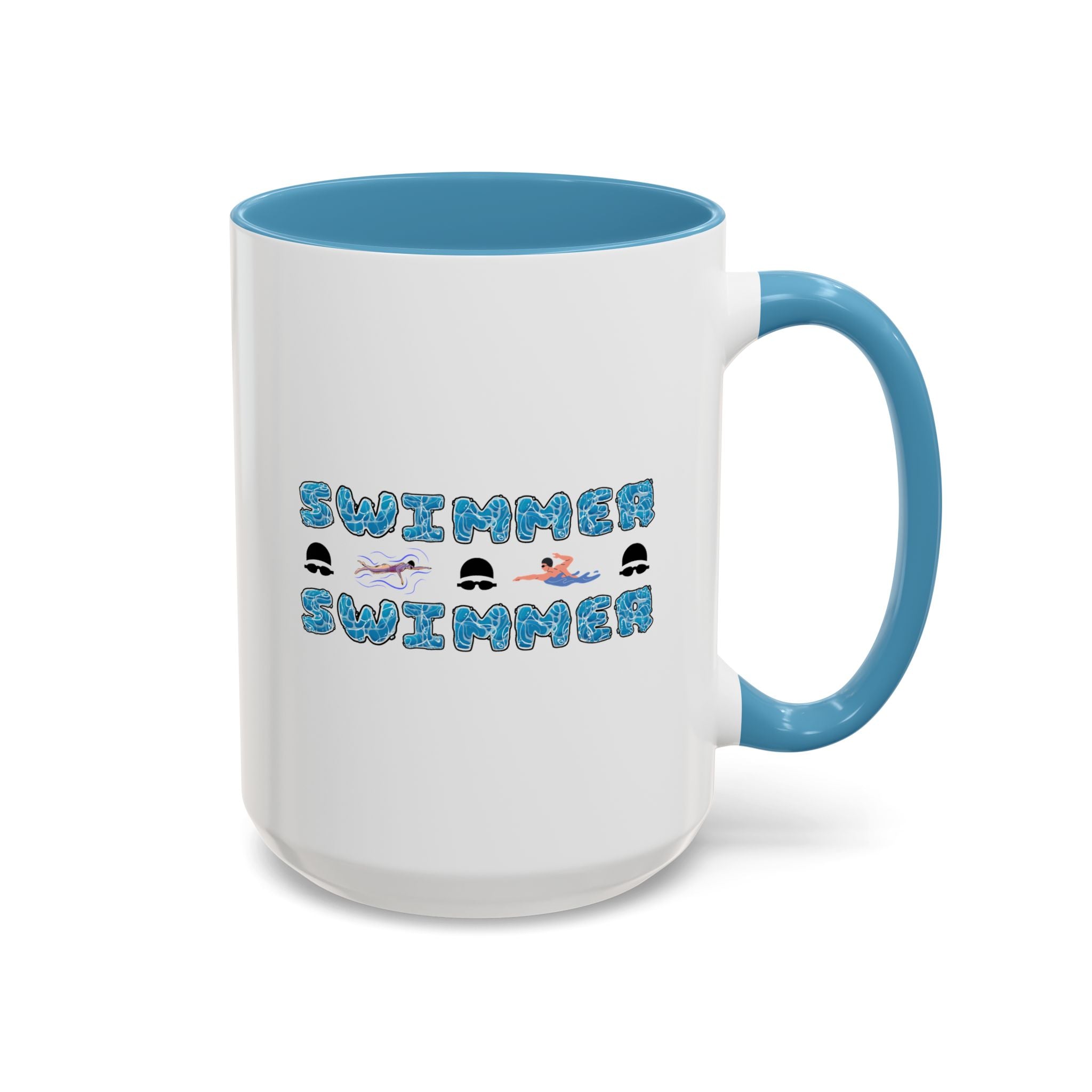 15oz white ceramic Swimmer mug with light blue handle and interior Right handed view