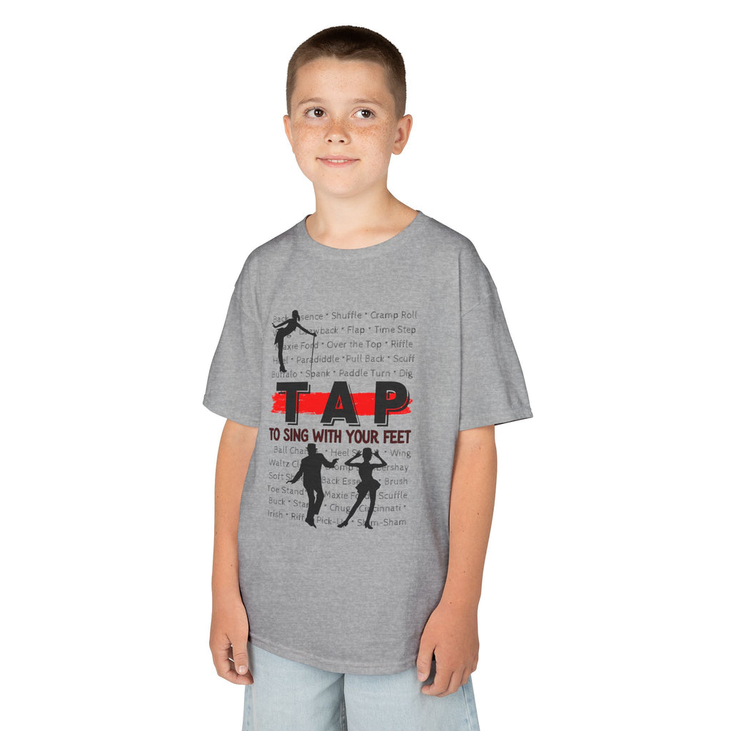Young boy wearing a youth Gildan 5000B heavy cotton t-shirt in sport grey with a Tap text and design