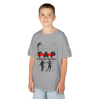 Young boy wearing a youth Gildan 5000B heavy cotton t-shirt in sport grey with a Tap text and design