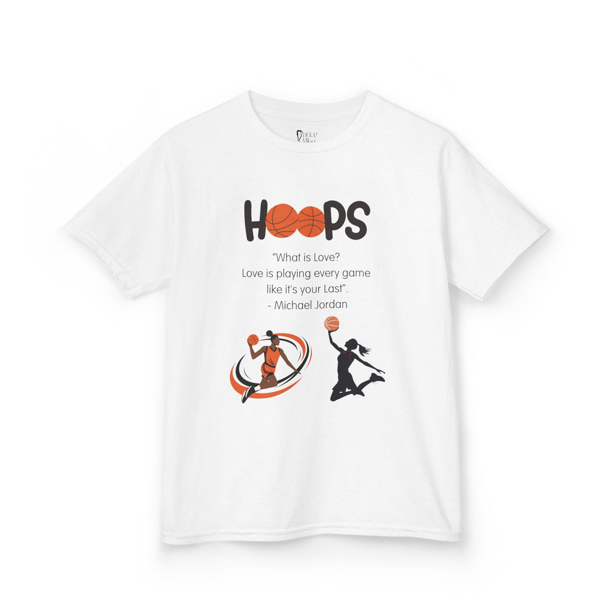 Front view of a youth Gildan 5000B heavy cotton t-shirt in white featuring a Girls Basketball design