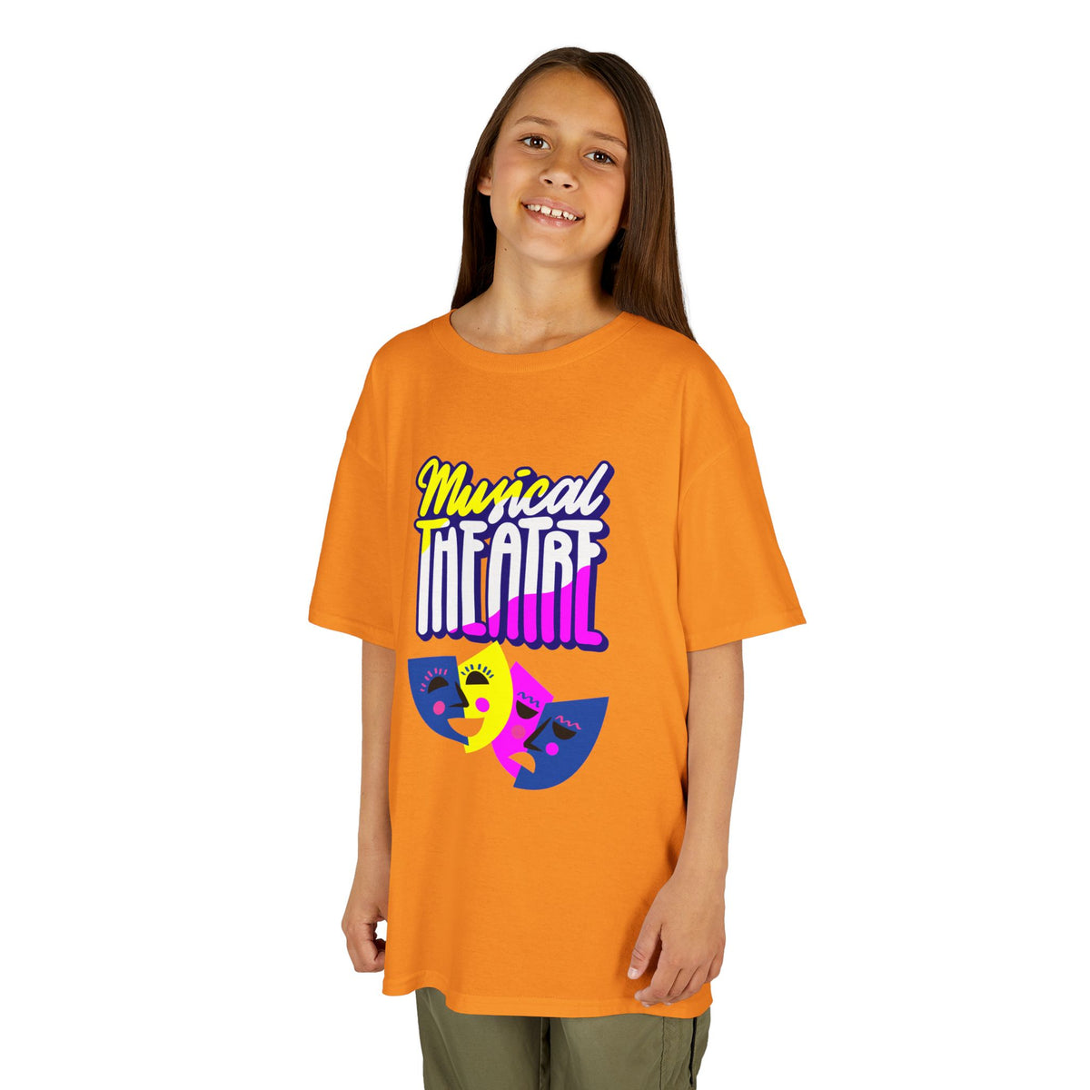 Young girl wearing a youth Gildan 5000B heavy cotton t-shirt in tennessee orange with a Musical Theater rainbow mask graphic