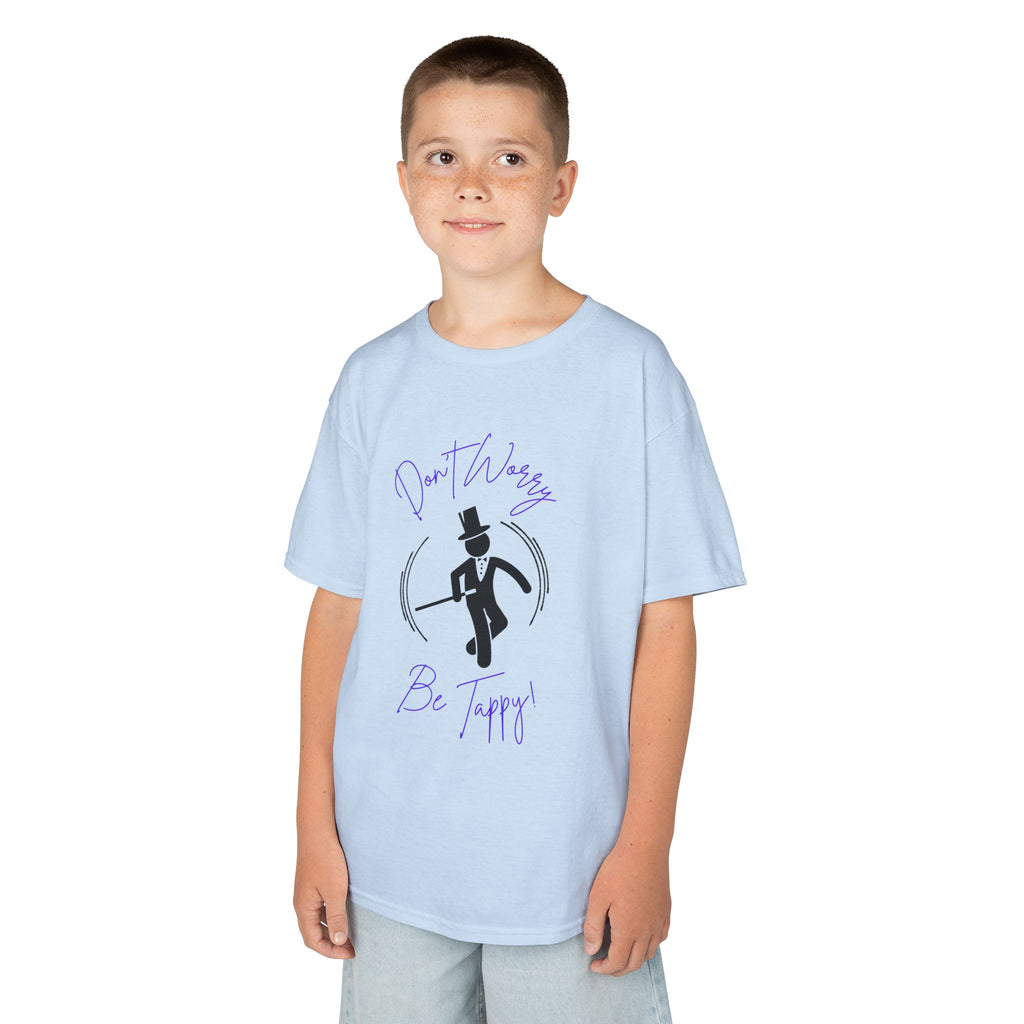 Young boy wearing a youth Gildan 5000B heavy cotton t-shirt in light blue with a Don't Worry Be Tappy Tap theme