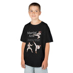 Young boy wearing a youth Gildan 5000B heavy cotton t-shirt in black with a Martial Arts text and graphic