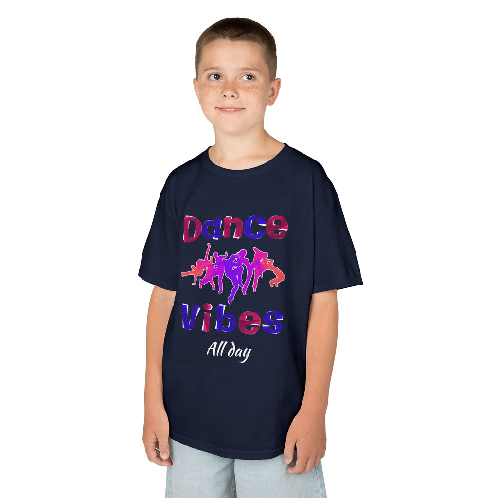 Young boy wearing a youth Gildan 5000B heavy cotton t-shirt in navy with a Dance Vibes All Day text and graphic
