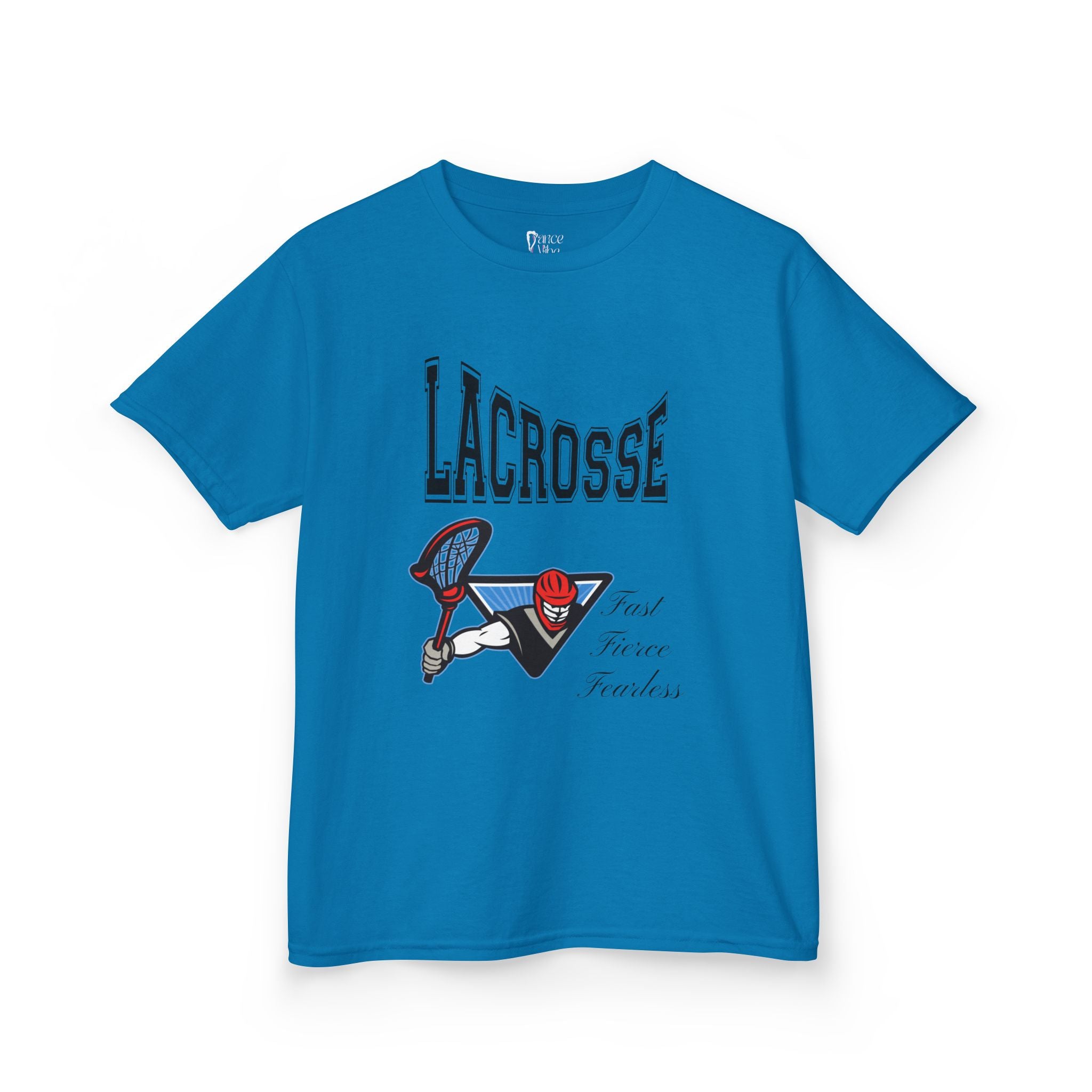 Front view of a youth Gildan 5000B heavy cotton t-shirt in sapphire with a Boys Lacrosse design