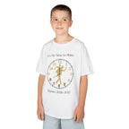 Young boy wearing a youth Gildan 5000B heavy cotton t-shirt in white with a Male Broadway Dancer 2026-2027 design