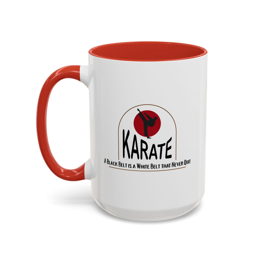 15oz white ceramic Karate mug with red handle and interior Left handed view