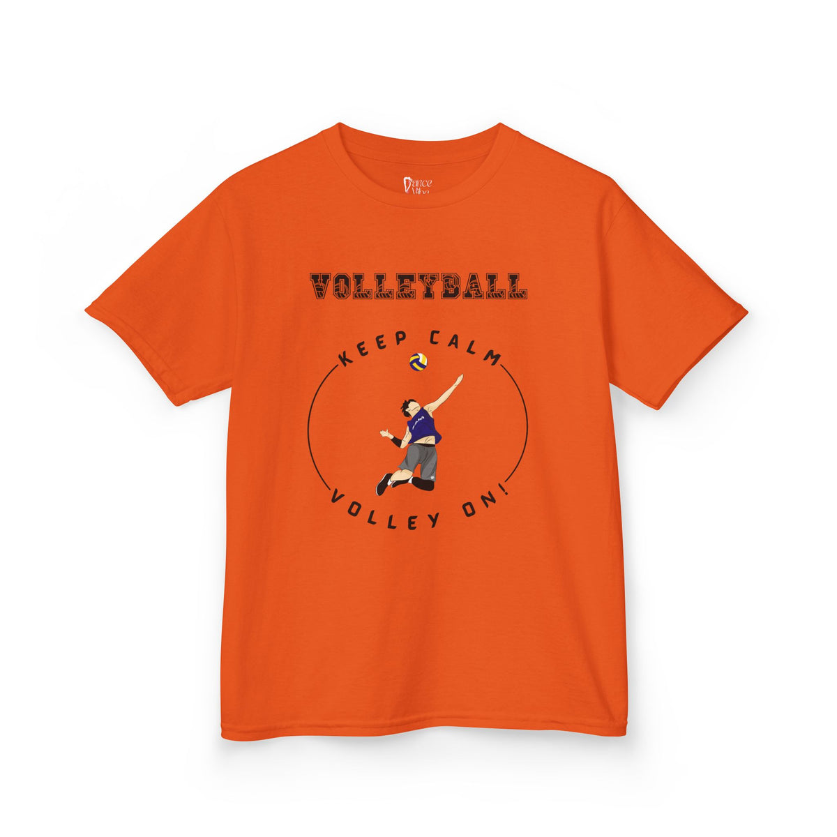 Front view of a youth Gildan 5000B heavy cotton t-shirt in orange with a boy playing Volleyball