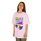 Young girl wearing a youth Gildan 5000B heavy cotton t-shirt in light pink with a Musical Theater rainbow mask graphic
